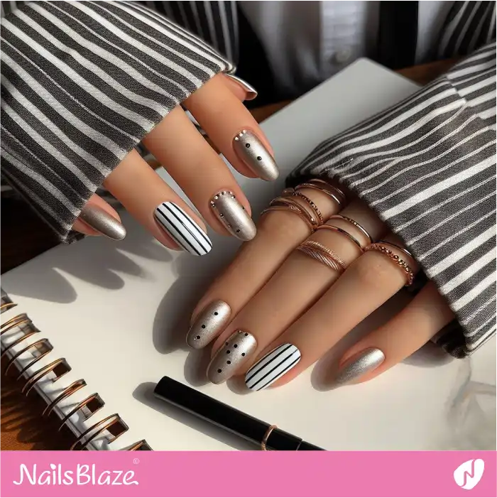 Nails with Black Polka Dots and Lines | Line and Dot Nails - NB4418