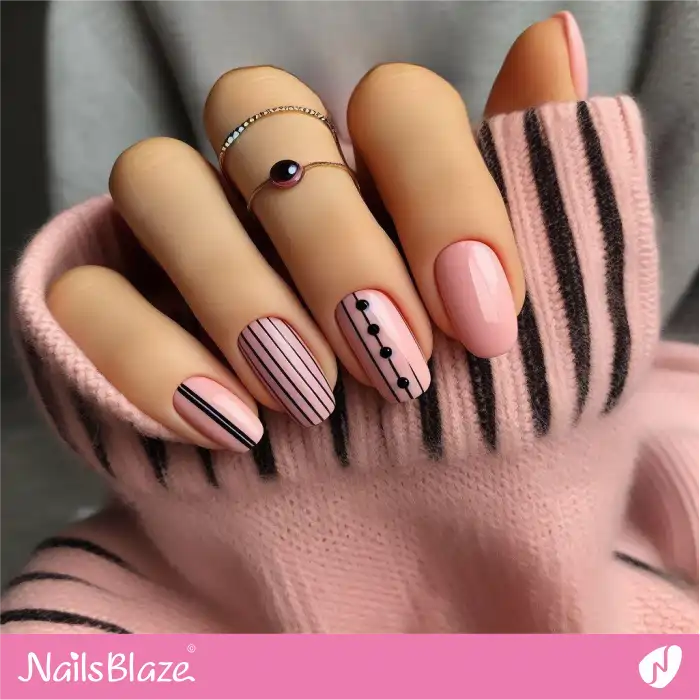 Pink Nails Black Design | Line and Dot Nails - NB4420