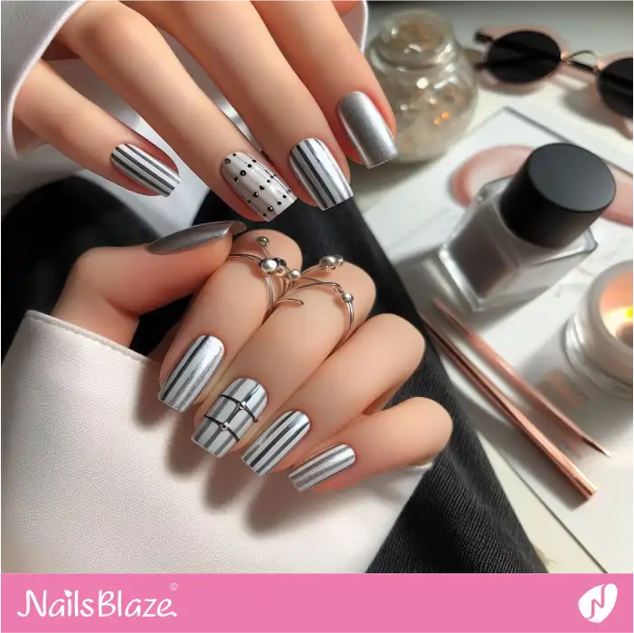Gray and White Lines and Dots Nails Design | Line and Dot Nails - NB4422