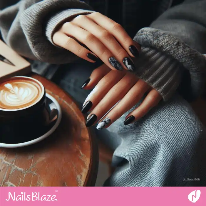 Casual Black Nails with Marble Design | Marble Nails - NB4634