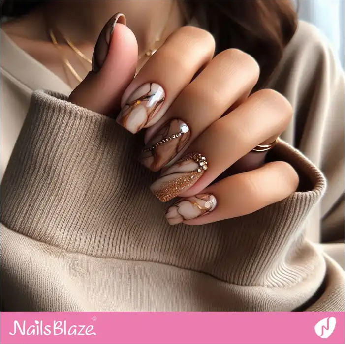 Glitter Design Brown Marble Nails | Marble Nails - NB4642