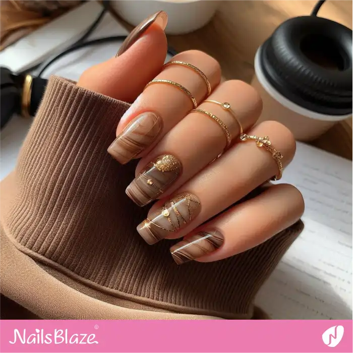 Elegant Brown and Gold Marble Nails Design | Marble Nails - NB4643