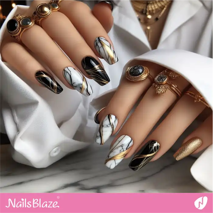 Black and White Nails Gold Marble Design | Marble Nails - NB4688