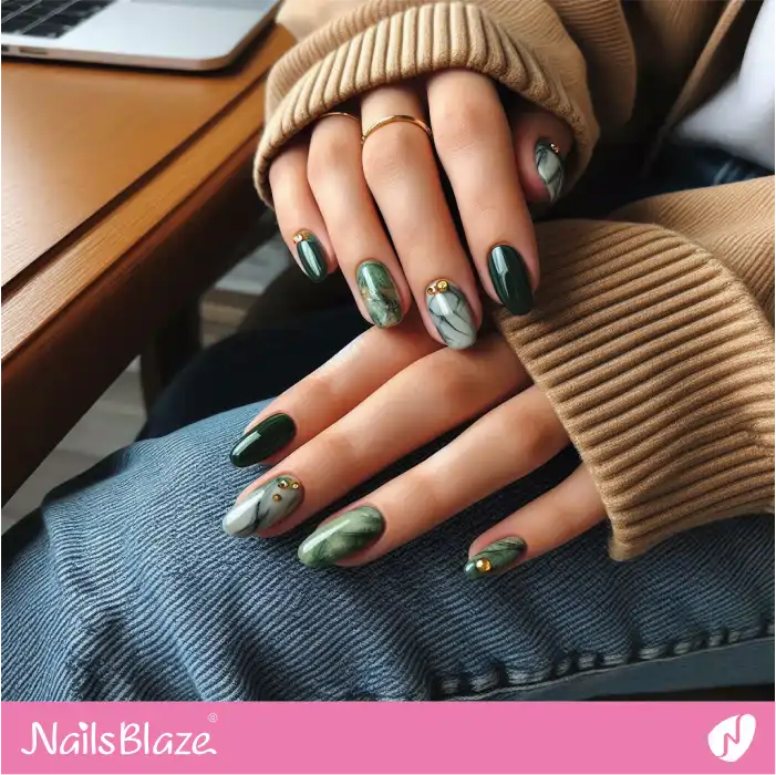 Green Marble Nails with Rhinestones | Marble Nails - NB4658