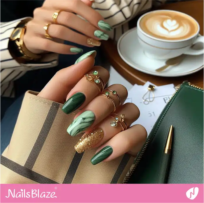 Green Marble Nails with Glitter Accent | Marble Nails - NB4649