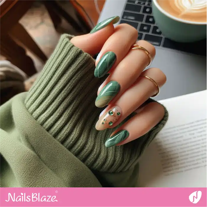 Green Marble Nails with Rhinestones | Marble Nails - NB4650