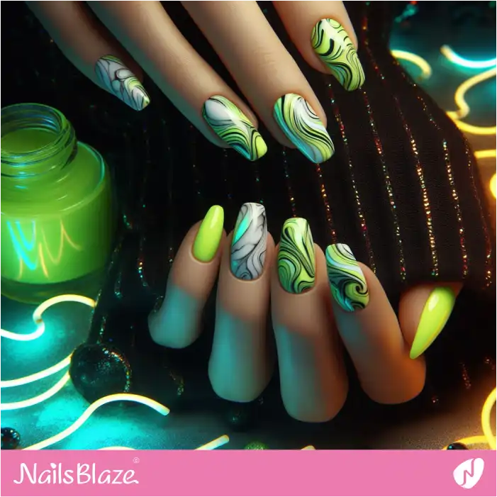 Neon Green Marble Swirls Nails Design | Marble Nails - NB4708