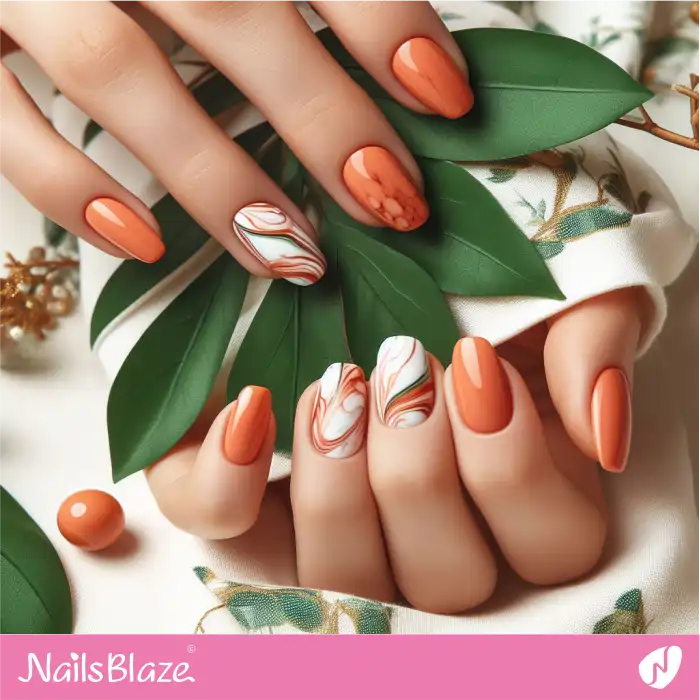 Short Orange Nails with Marble Design | Marble Nails - NB4720