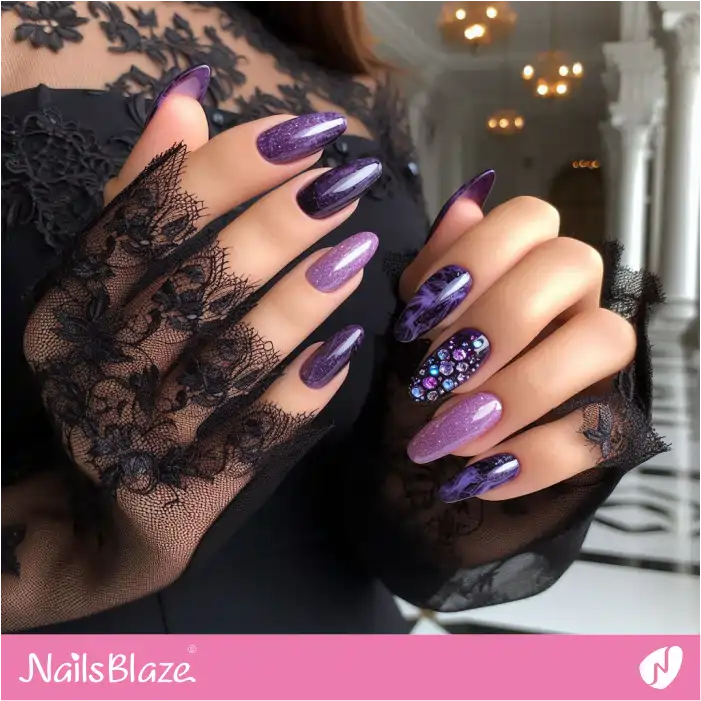 Rhinestone Design for Dark Purple Marble Nails | Marble Nails - NB4668