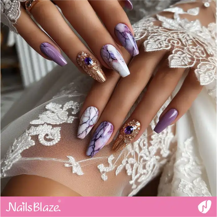 Purple Marble Nails with Decorations | Marble Nails - NB4671