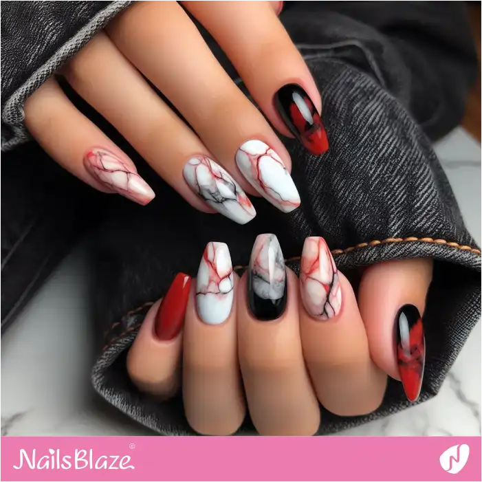 White and Red Nails Marble Design | Marble Nails - NB4678