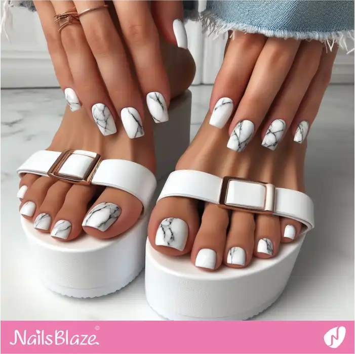 Mani and Pedi White Marble Design | Marble Nails - NB4758