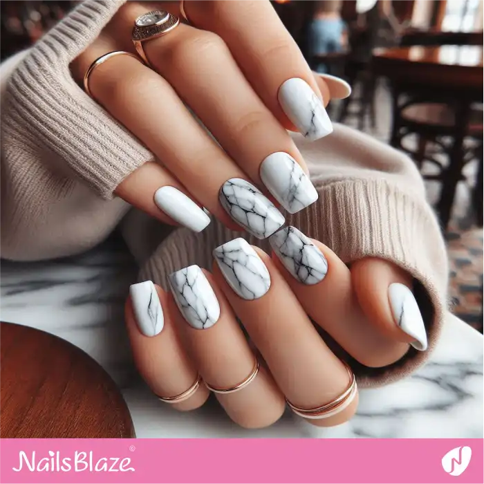 White Nails with Marble Design | Marble Nails - NB4681