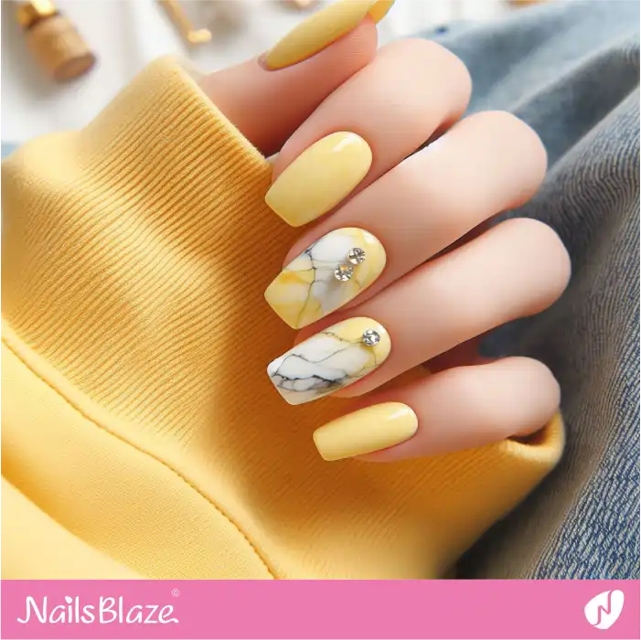 Yellow Marble Nails with Rhinestones | Marble Nails - NB4745