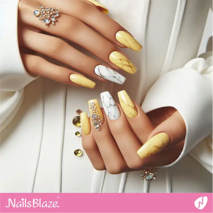 Yellow Marble Nails with Embellishments | Marble Nails - NB4752