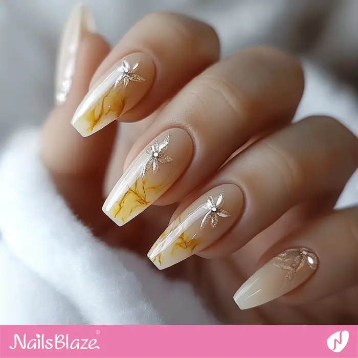 Flower and Yellow Marble Nails Design | Yellow Marble Nails - NB6581