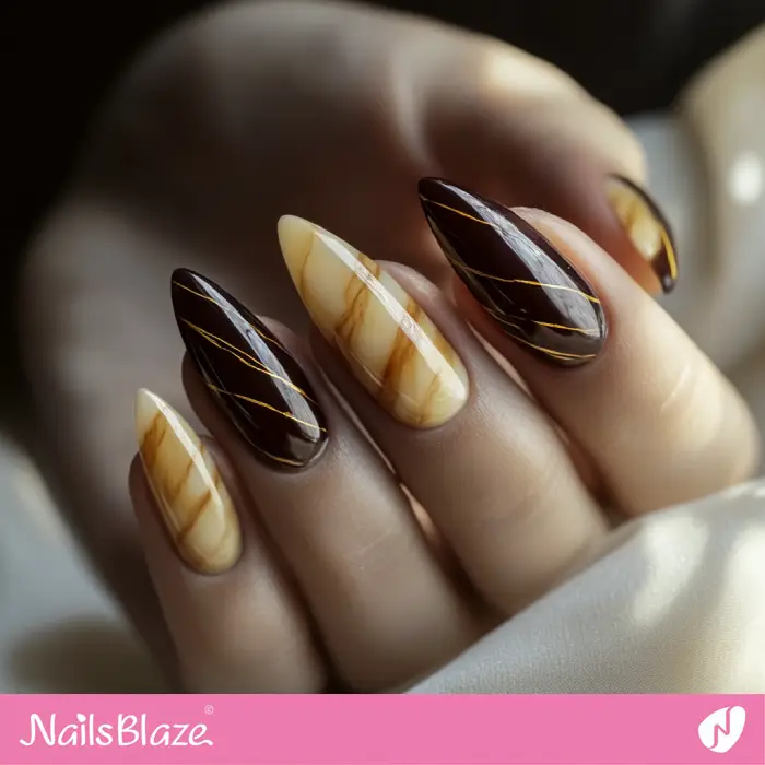 Yellow Marble Nails with Brown Accents | Yellow Marble Nails - NB6582