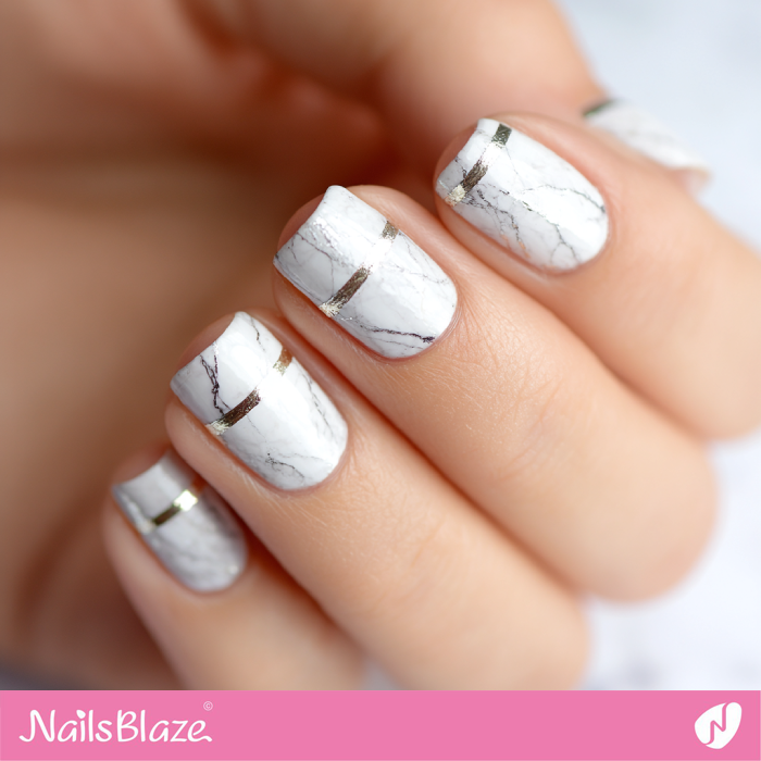 Gold Marble Lines for White Nail Design | Short Marble Nails- NB8319