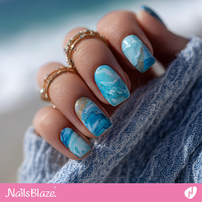 Beach Style Marble Blue Nails | Short Marble Nails- NB8321