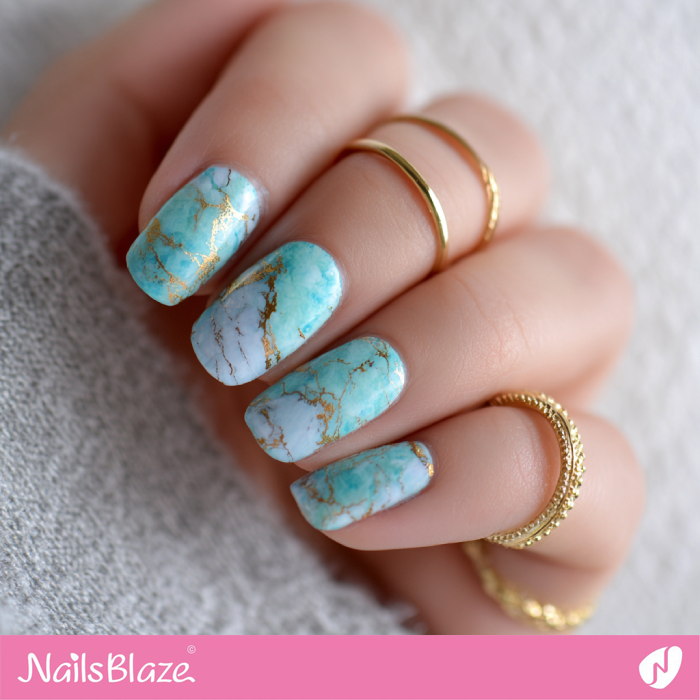 Marble Blue Nails with Gold Details | Summer Marble Nails- NB8345