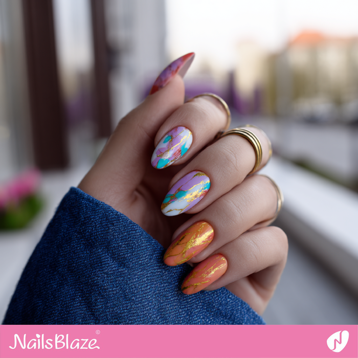 Orange and Purple Marble Nails Design | Summer Marble Nails- NB8346