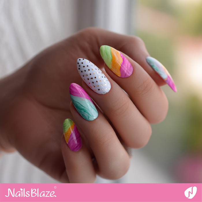 Rainbow Marble Nails with Subtle Dots Accent | Summer Marble Nails- NB8348