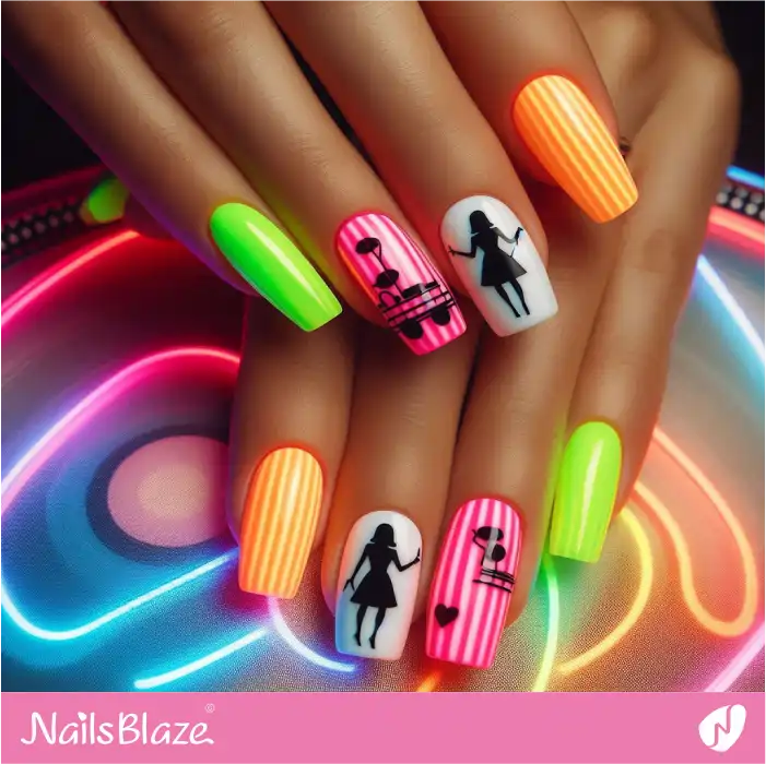 Silhouette Singer and Striped Neon Nails | Music Nails - NB4915