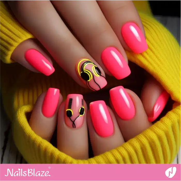 Neon Pink Nails for Music Lovers | Music Nails - NB4901