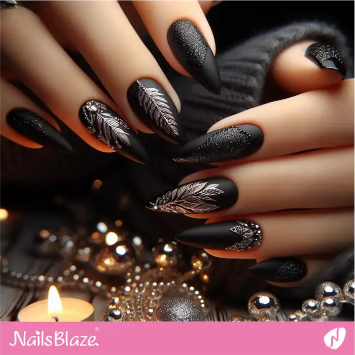 Black Matte Nails with Leaf Design for New Year | 2024 Nails - NB3702