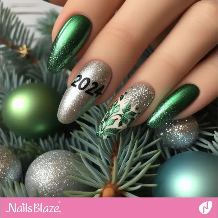Luxury Green and Silver Nails for New Year | 2024 Nails - NB3752
