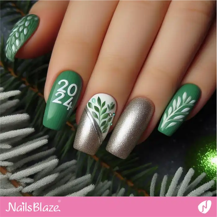 Green and Silver Nails for New Year | 2024 Nails - NB3756
