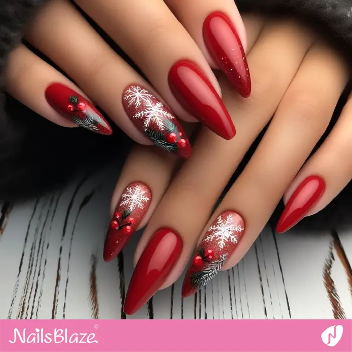 Red Nails with Snowflakes and Holly Leaves for New Year | 2024 Nails - NB3770
