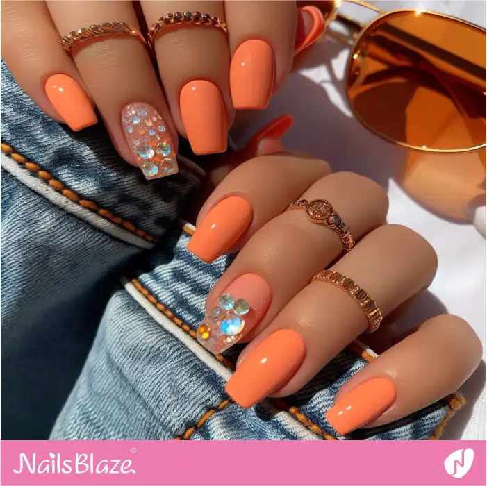 Sunny Orange Nails with Rhinestones | Spring Nails - NB4030