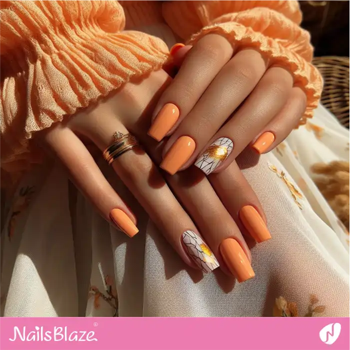 Sunny Orange Nails with Gold Foil Design | Spring Nails - NB4034