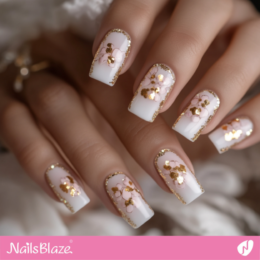 Flower Nails Design with Gold Glitter Outlines | Outline Nails - NB5356