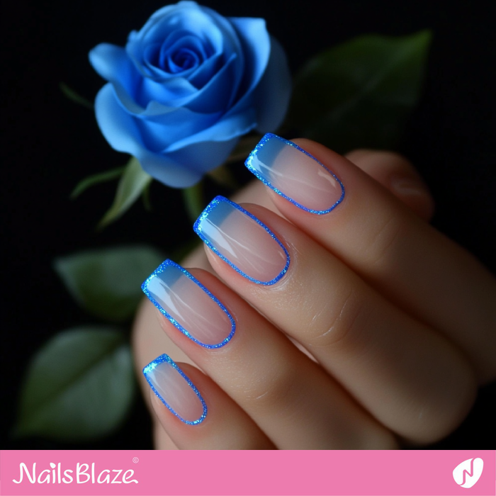 Transparent Square Nails with Blue Glitter Outline | Outline Nails - NB5372