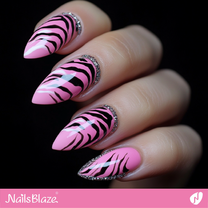 Pink Zebra Print Nails with Glitter Outline for Cuff Design | Outline Nails - NB5373