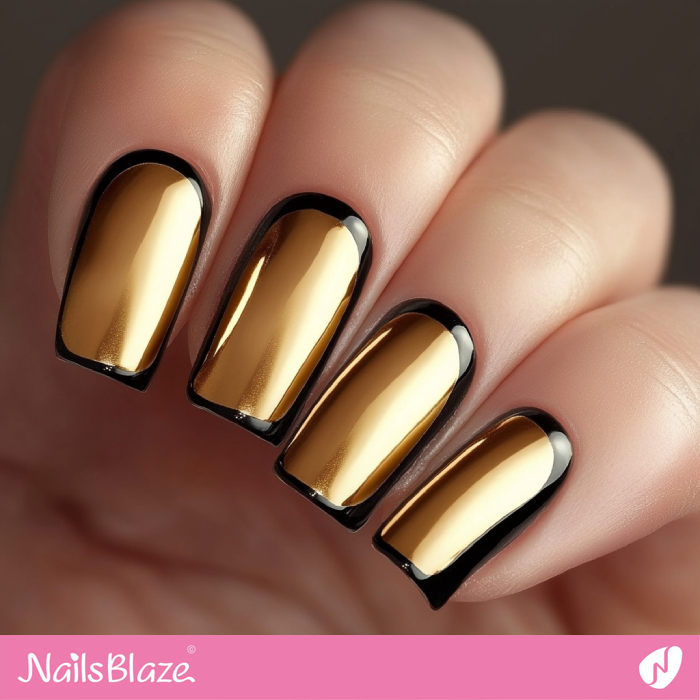 Gold Chrome Nails with Simple Black Outline Design | Outline Nails - NB5374