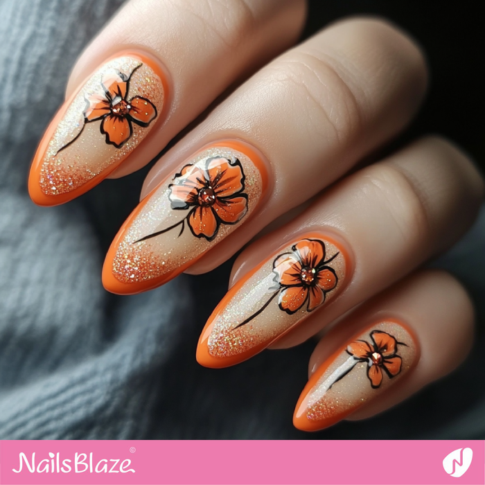 Orange Edges for Nails with Flowers | Outline Nails - NB5391