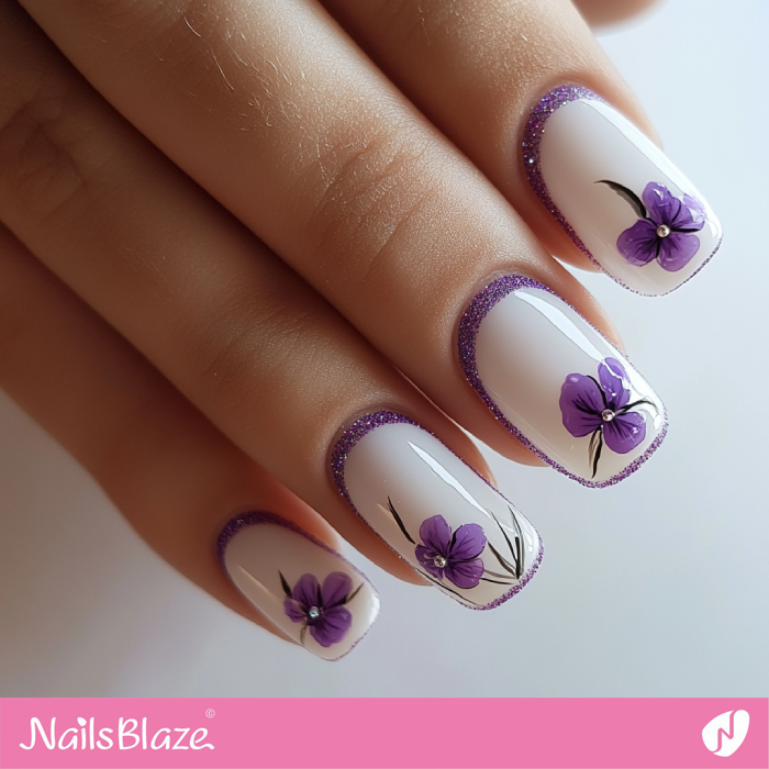 White Nails Purple Design with Outlines and Flowers | Outline Nails - NB5406