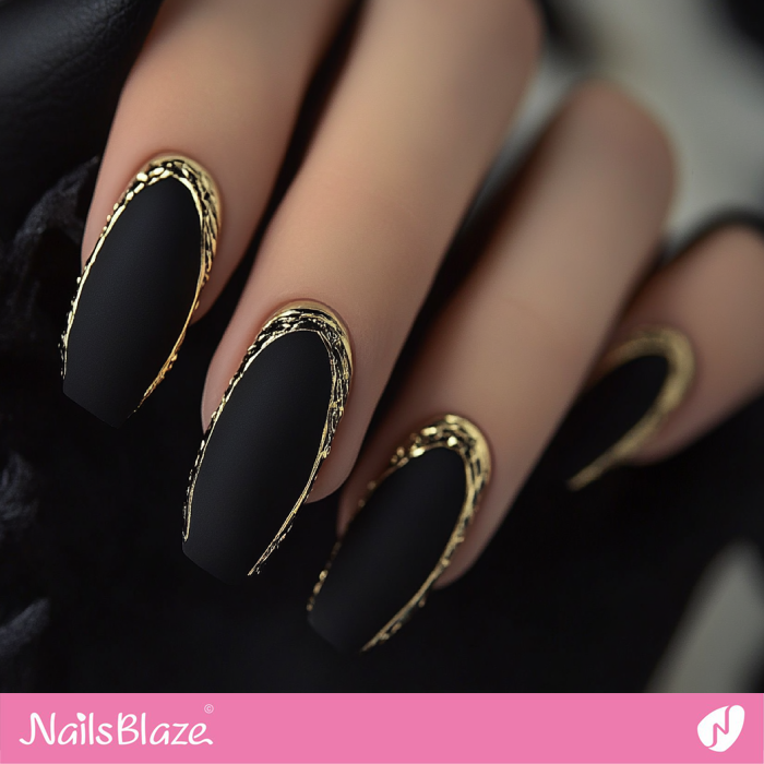 Black Matte Nails with Gold Edges | Outline Nails - NB5410