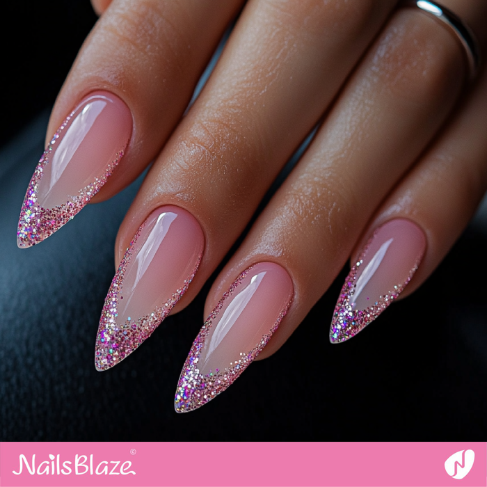 Glossy Pink Nails with Glitter Edges Design | Outline Nails - NB5415