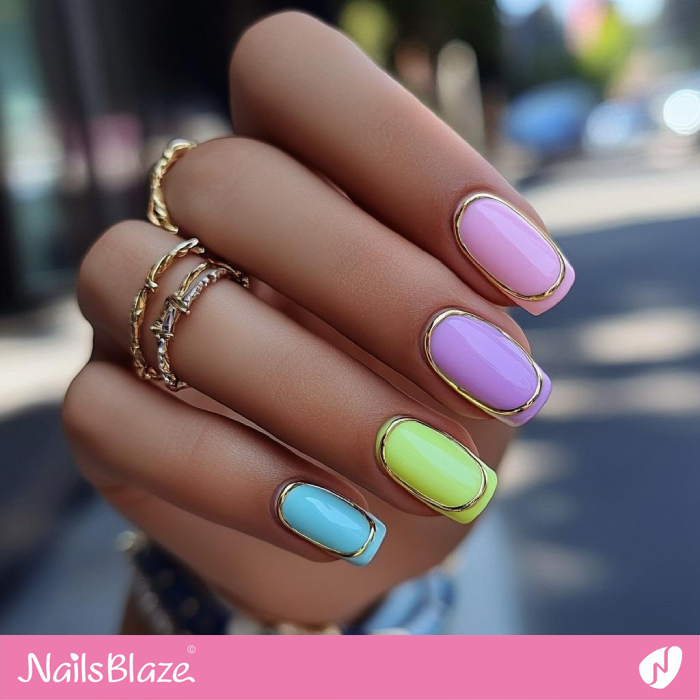 Colorful Squoval Nails with Gold Borderline | Outline Nails - NB5421