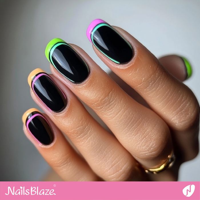 Glossy Black Nails with Pastel Borderline | Outline Nails - NB5431