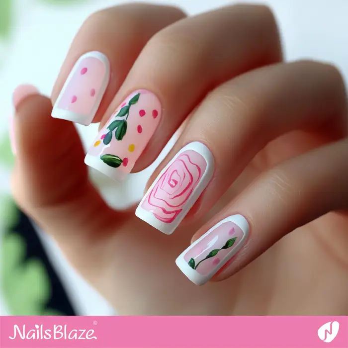 Pink Nails Foliage Design | White Outline Nails - NB6555