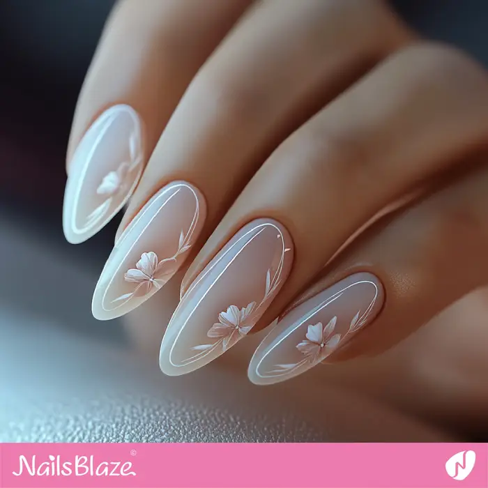 Almond Nails with Flowers and Outline Design | White Outline Nails - NB6556