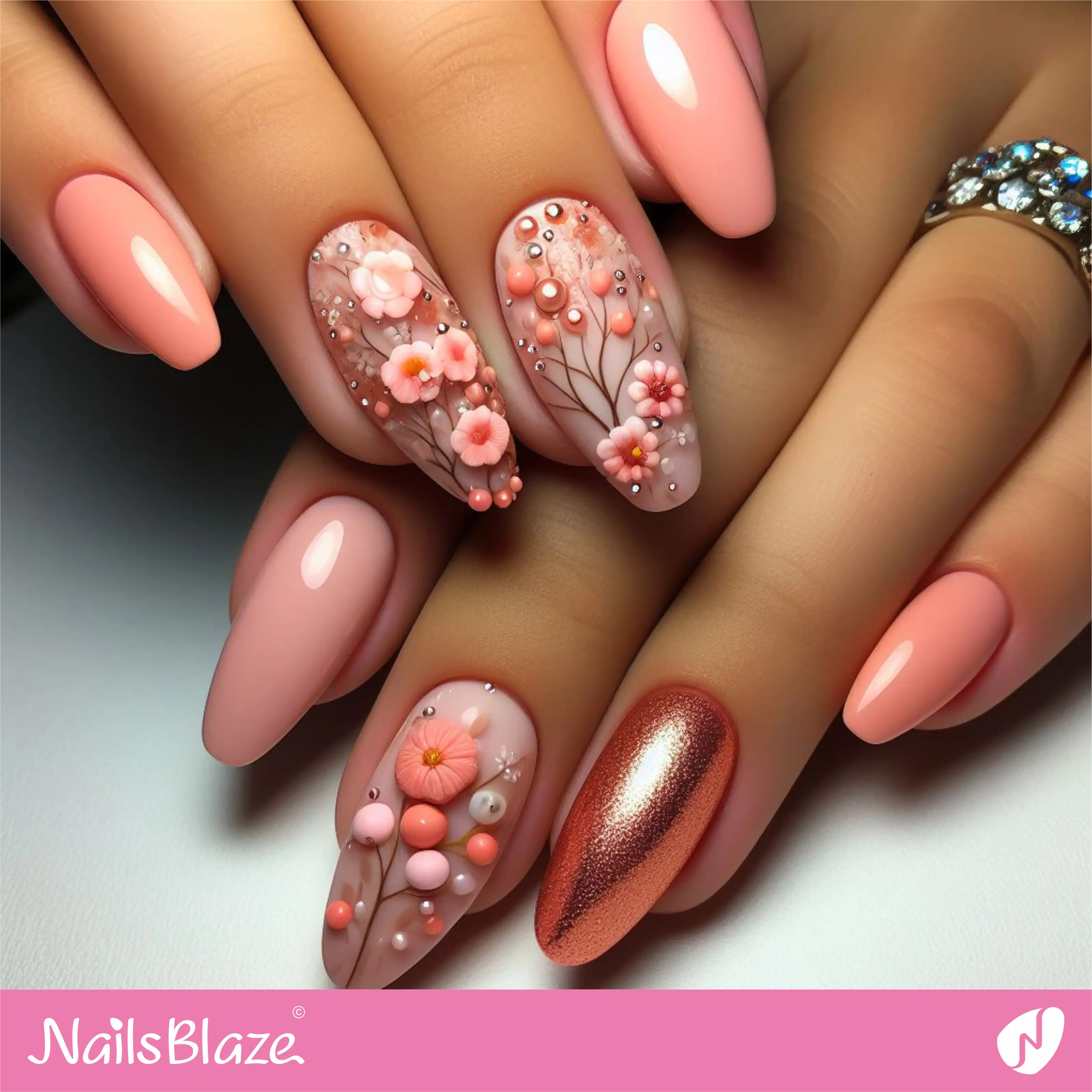Peach Fuzz 3D Floral  Nail Design| Color of the Year 2024 - NB-D-138
