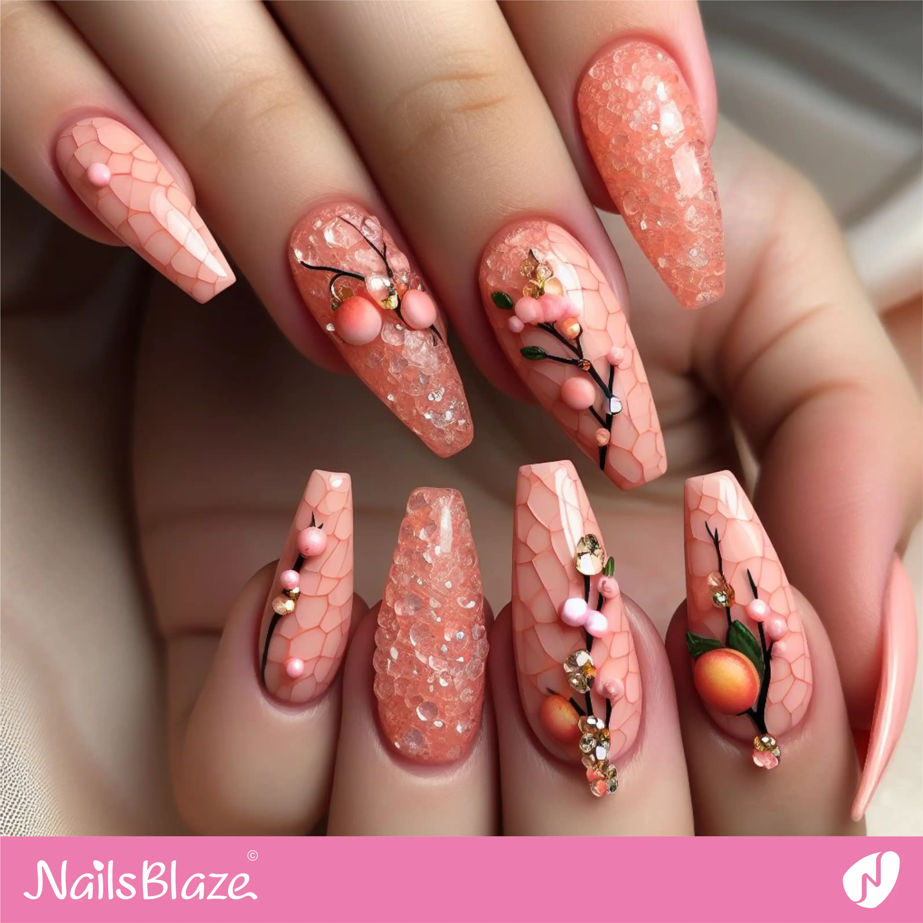 Peach Fuzz 3D Crackle Nail Design| Color of the Year 2024 - NB-D-147