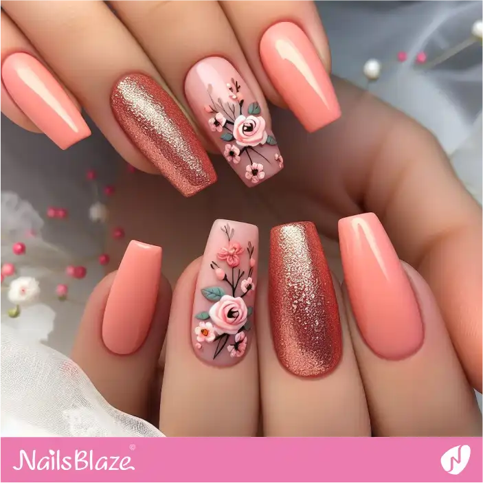Peach Fuzz Glitter Floral Nail Design | Color of the Year 2024 - NB-D-188