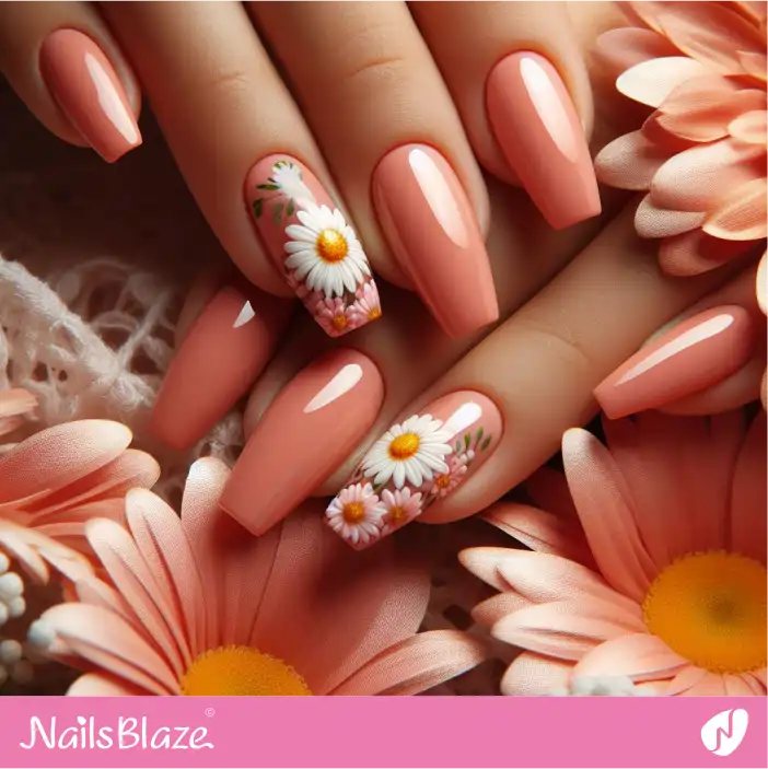 Peach Fuzz Daisy Flower Nail Design | Color of the Year 2024 - NB-D-213